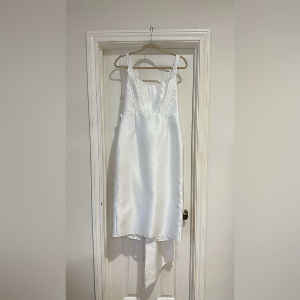 ALFRED SUNG White Satin Midi Dress with Bow in back